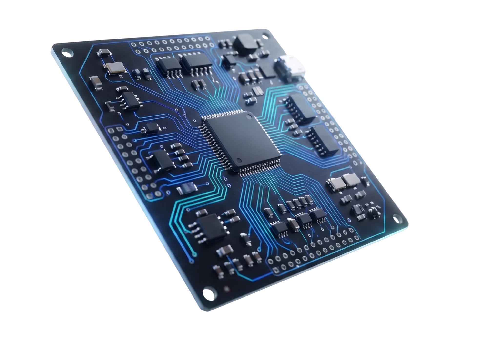 Placa de circuito impresso (PCB) projetada pela IMPLE, com trilhas iluminadas e microcontrolador central